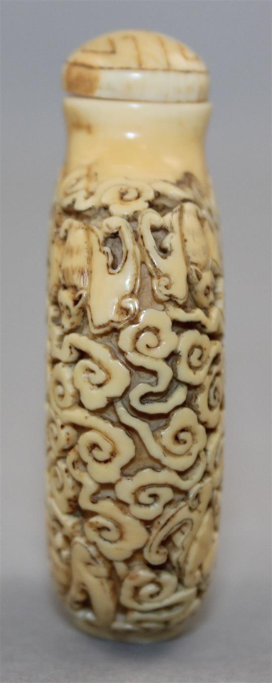 A rare Chinese ivory five bats snuff bottle, 1800-1900, Richards no. 421, matched stopper